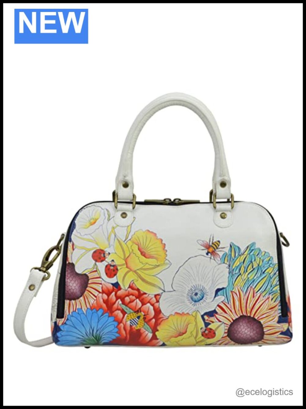 Hand-painted Genuine Leather Satchel with Adjustable Strap